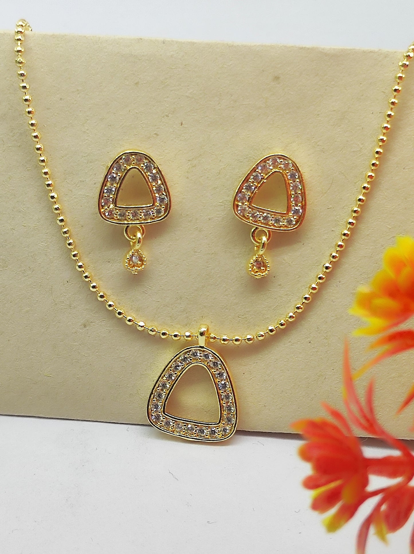 Elegant Silver-Tone Triangle Pendant Necklace & Earring Set