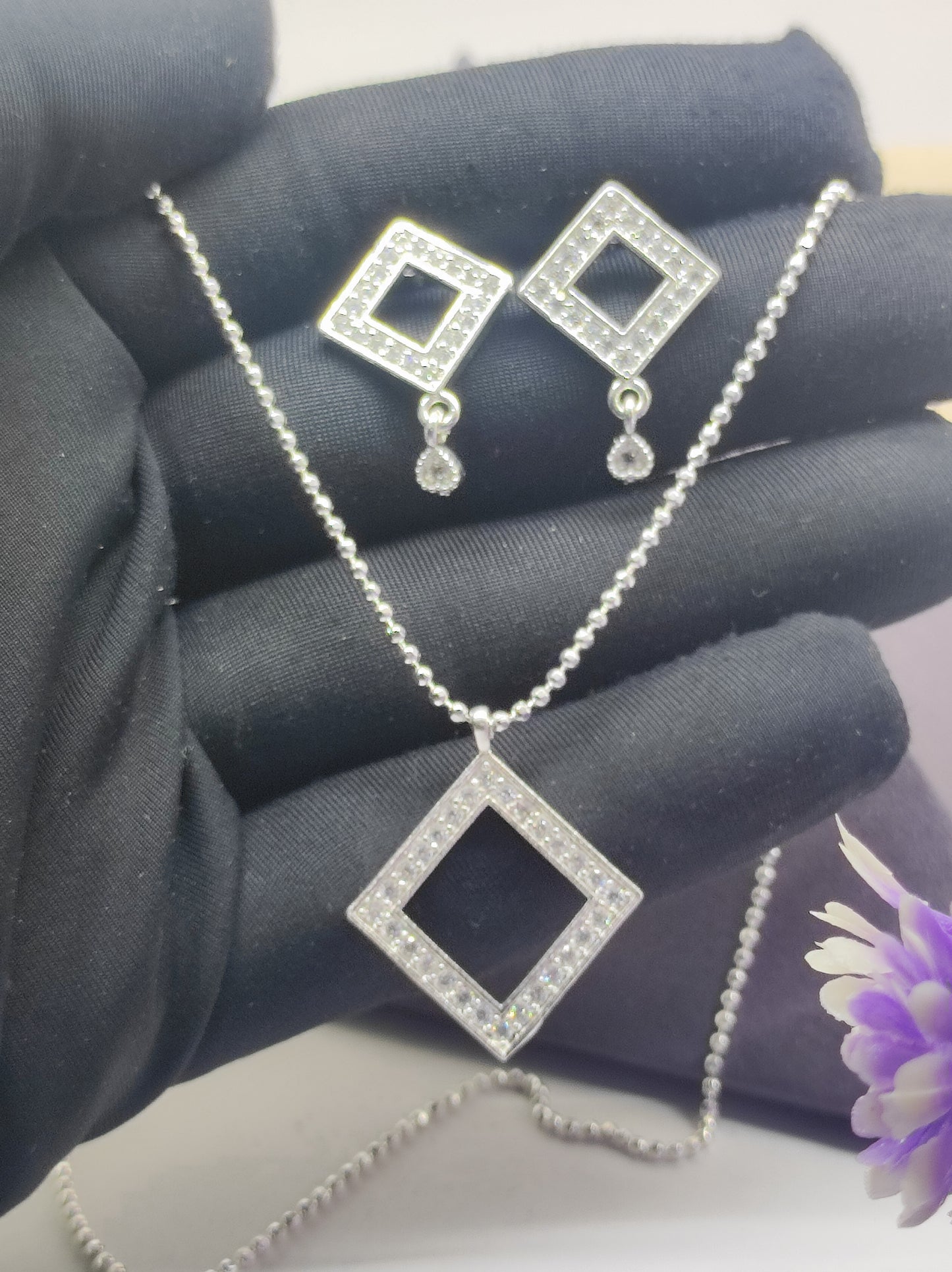 Square shape Chain Pendant Set with Earring